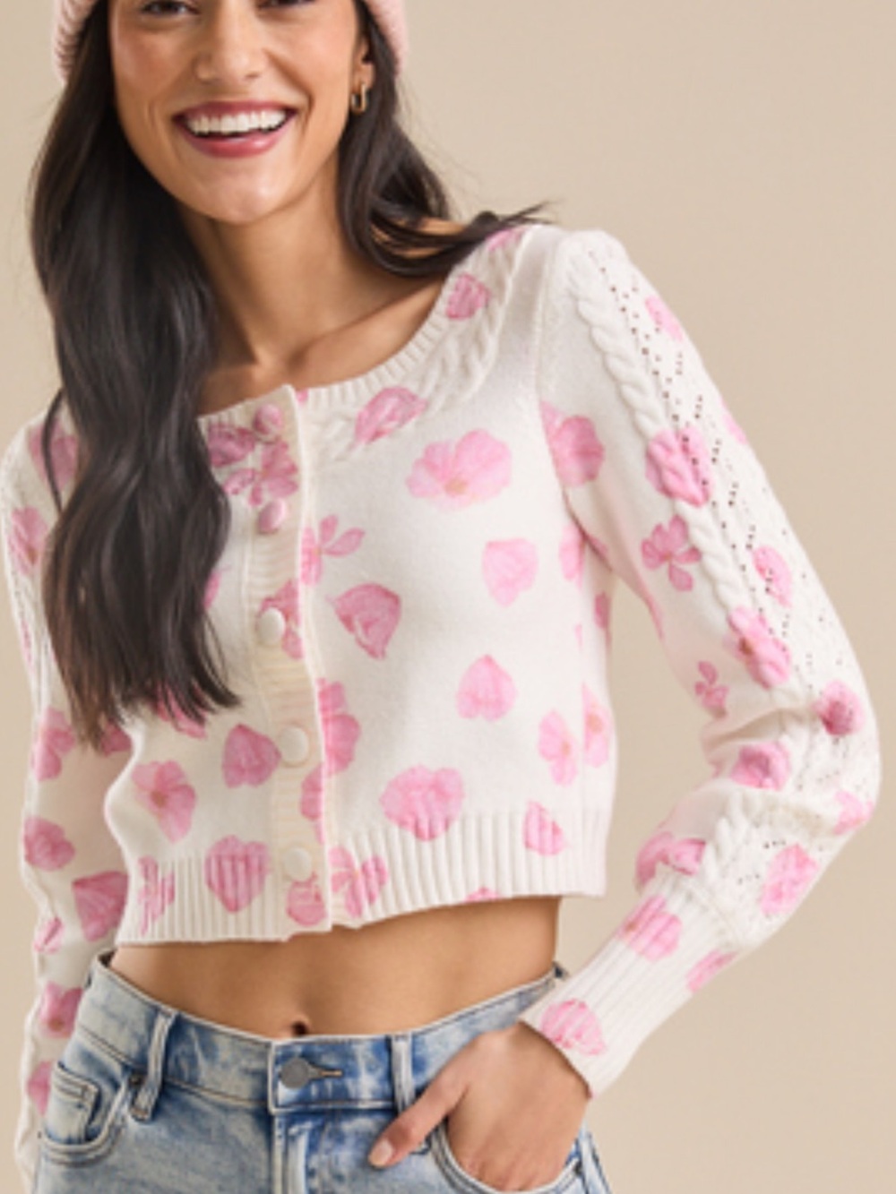 Storia Pink Floral Cropped Cardigan Sweater Size Small NWT